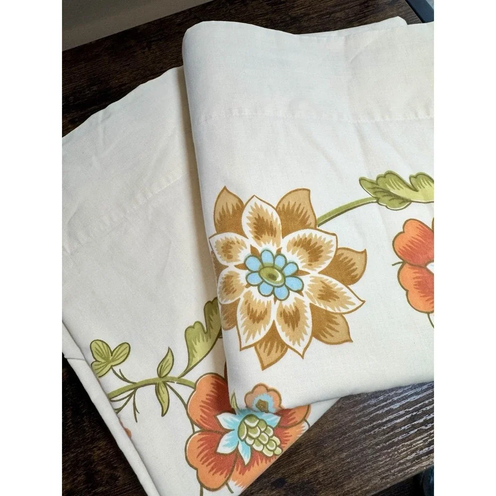 VTG Lady Pepperell FULL Flat Sheets 2 Tan Orange Flower Power Floral Boho Hippie